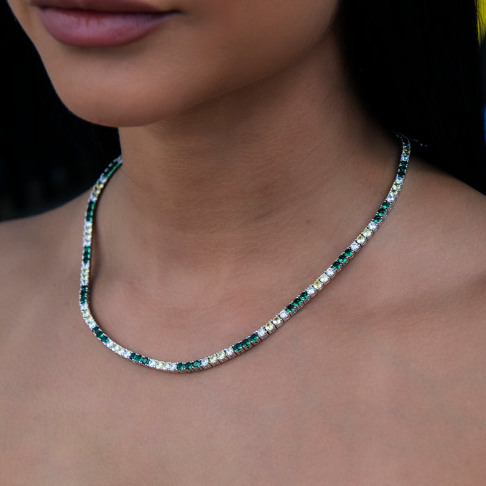 3MM Diamond Tennis Necklace - Green Yellow White