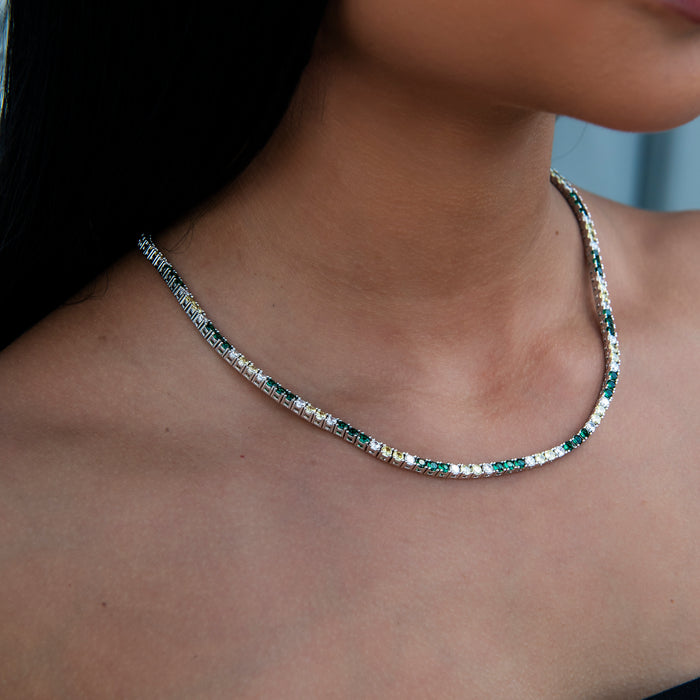 3MM Diamond Tennis Necklace - Green Yellow White