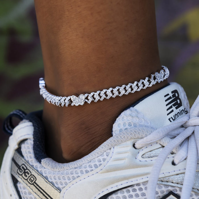 Butterfly Diamond Prong Cuban Anklet in White Gold