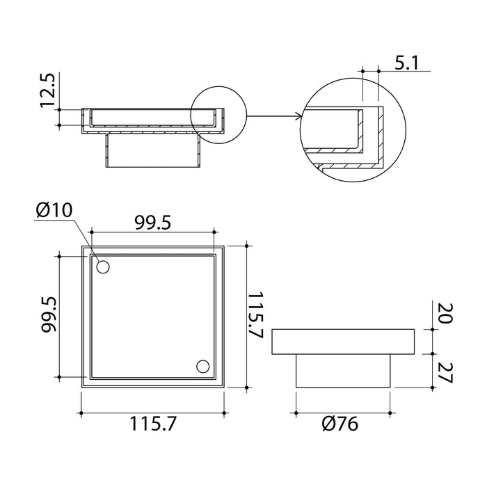 Technical Drawing Caroma Square Floor Waste 80mm Outlet Tile Insert - Brushed Bronze 14228028BBZ - The Blue Space
