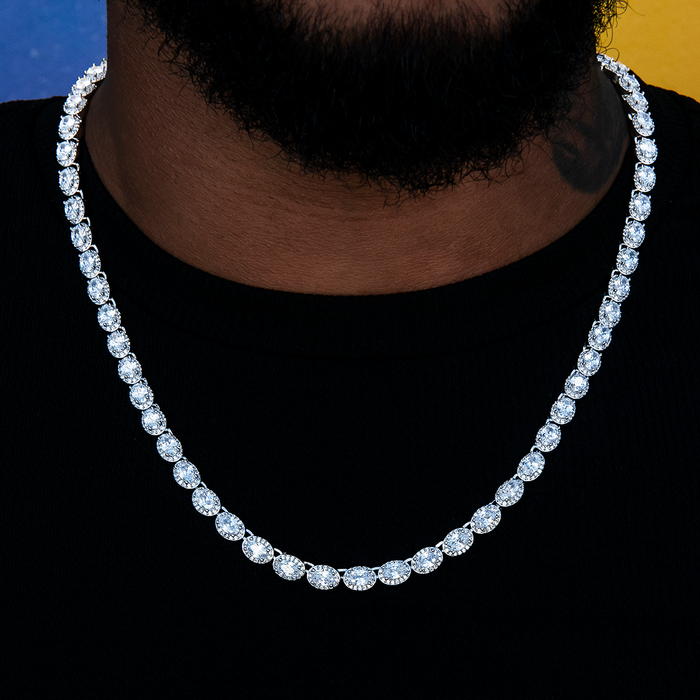 Diamond Oval Clustered Tennis Chain + Diamond Cushion Cut Lariat Chain Bundle in White Gold