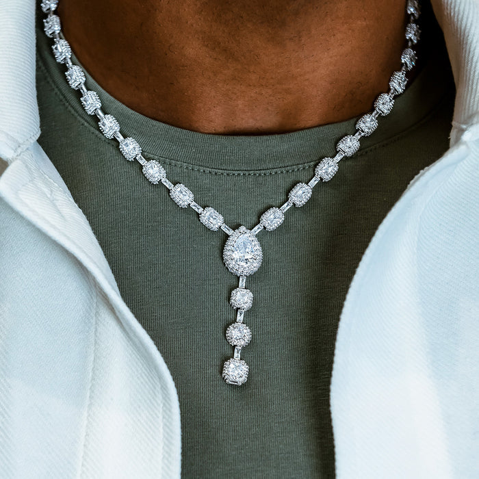 Diamond Oval Clustered Tennis Chain + Diamond Cushion Cut Lariat Chain Bundle in White Gold