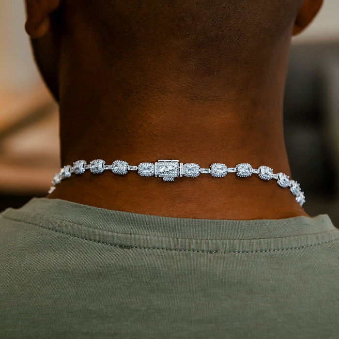 Diamond Oval Clustered Tennis Chain + Diamond Cushion Cut Lariat Chain Bundle in White Gold
