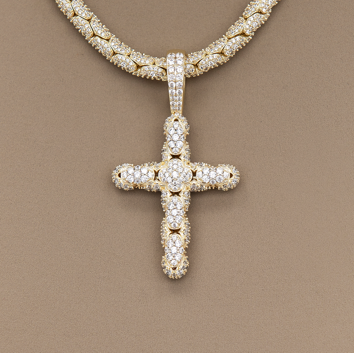 Diamond Pave Snake Link Cross Pendant in Yellow Gold