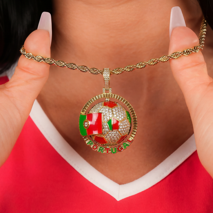 Diamond Portugal Spinning  Globe Flag Pendant in Yellow Gold