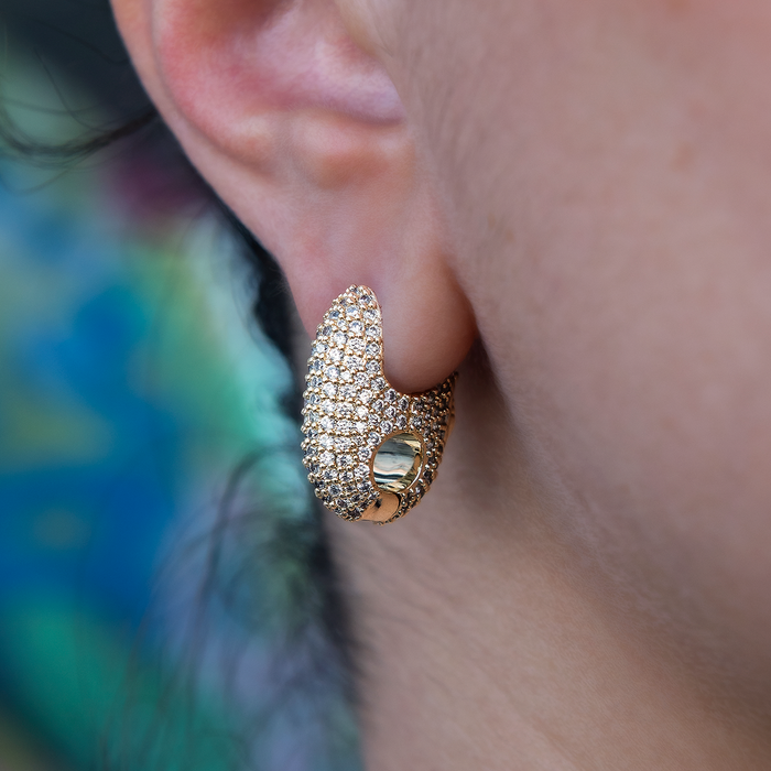 Diamond Puffed Mariner Hoop Earrings in Yellow Gold