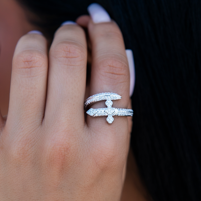Diamond Sword Ring in White Gold Vermeil