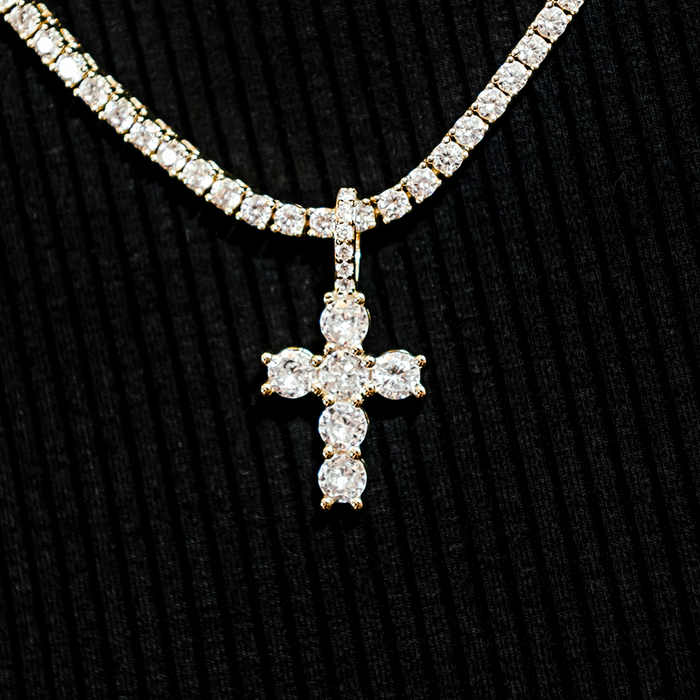 Diamond Tennis Necklace + Iced Micro Round Cross Pendant Gift Bundle in Yellow Gold - 3mm