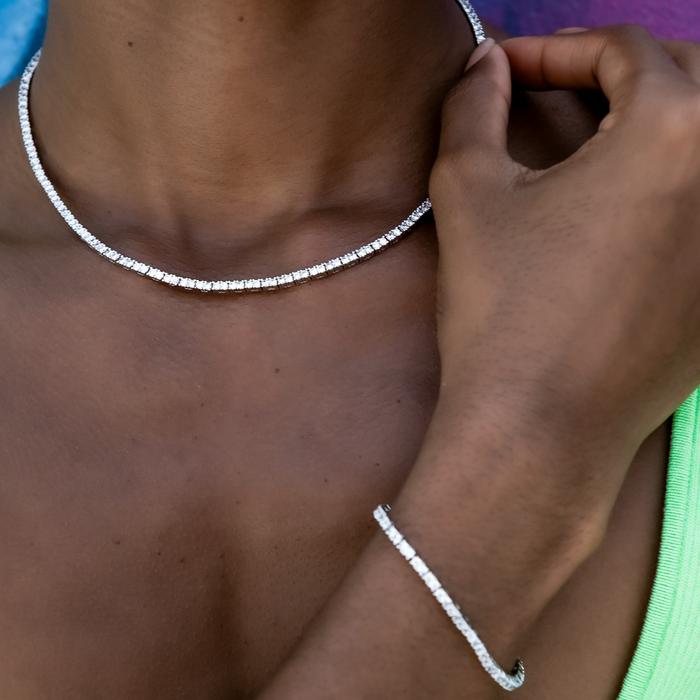 Round Cut Tennis Necklace in White Gold- 2mm
