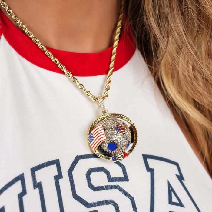 Diamond USA Spinning Globe Flag Pendant in Yellow Gold