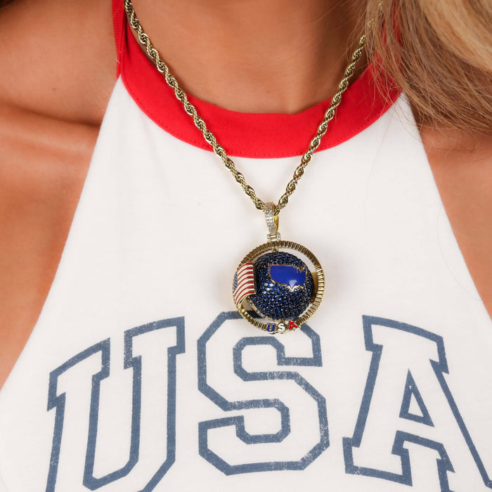 Diamond USA Spinning Globe Flag Pendant in Yellow Gold