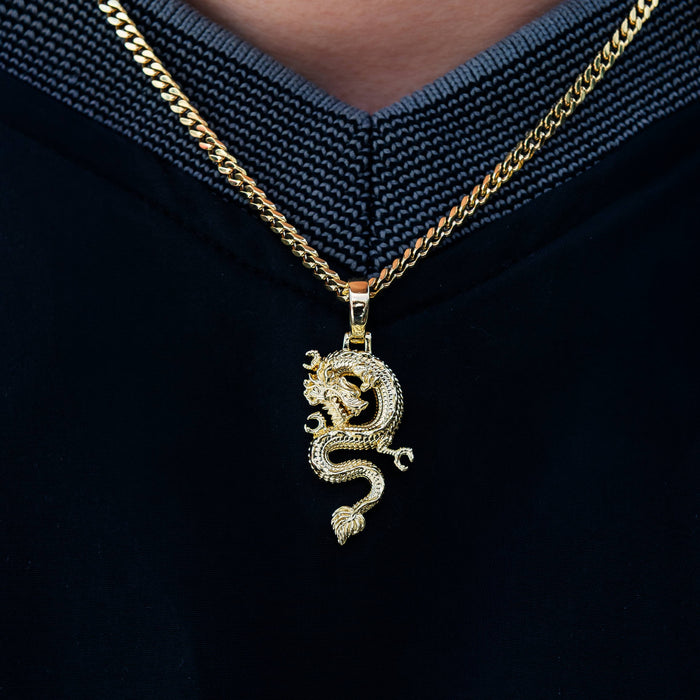 Dragon Pendant + 3mm Micro Cuban Chain Set in Yellow Gold