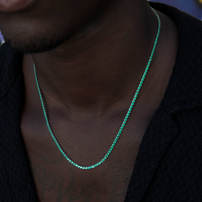 Emerald Diamond Micro Tennis Chain in White Gold