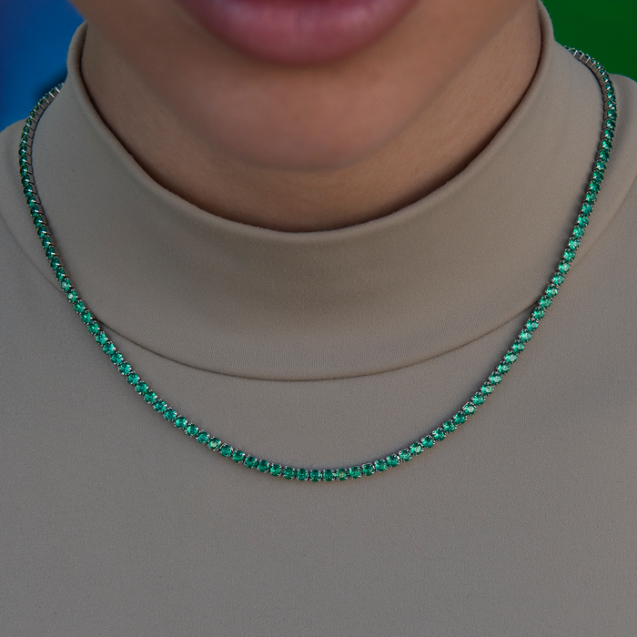 Emerald Diamond Micro Tennis Necklace in White Gold