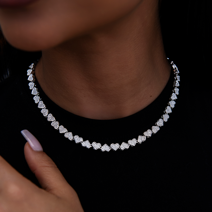 Eternity Heart Necklace + Cuff Bracelet + Heart Pave Stud Earrings in White Gold