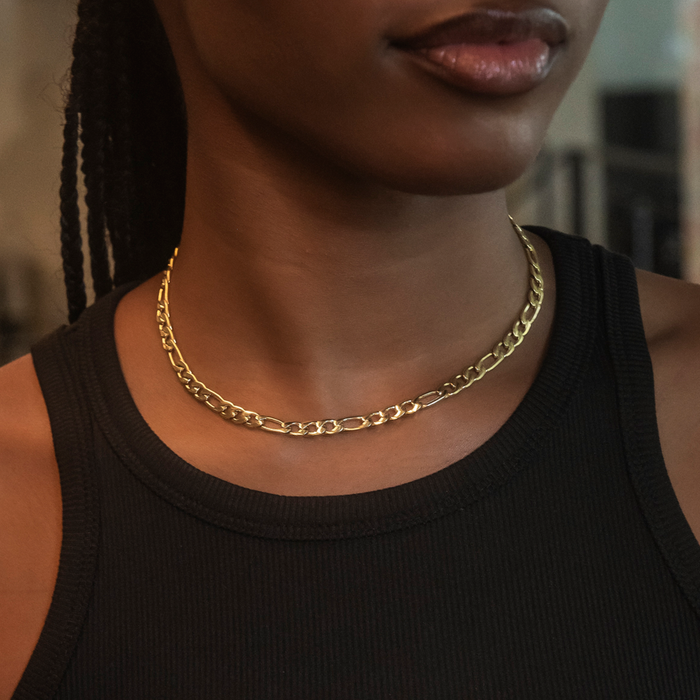 Figaro Necklace + Bracelet Bundle in Yellow Gold- 6mm