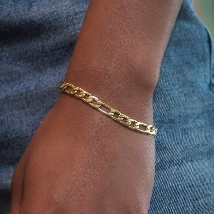 Figaro Necklace + Bracelet Bundle in Yellow Gold- 6mm