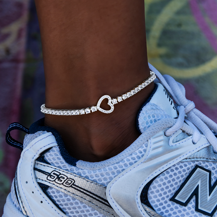 Heart Tennis Anklet in White Gold- 3mm