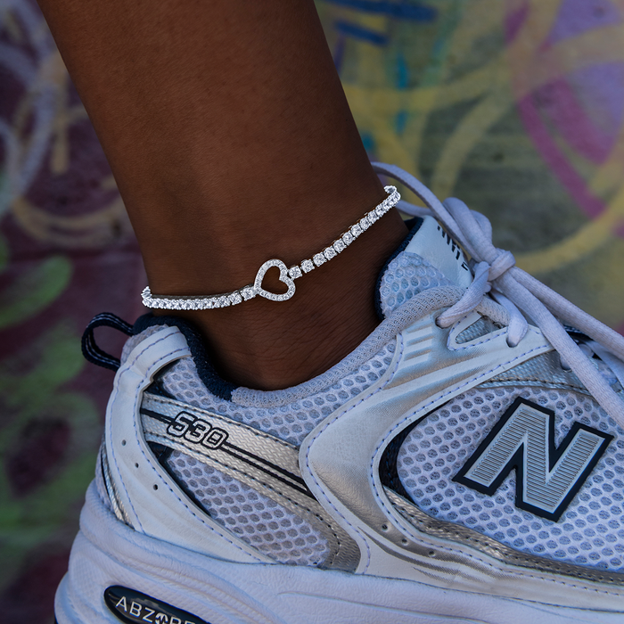 Heart Tennis Anklet in White Gold- 3mm