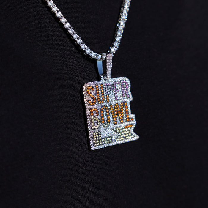 Iced 2026 Pink Ombre Stacked Super Bowl LX Official NFL Wordmark Pendant in White Gold