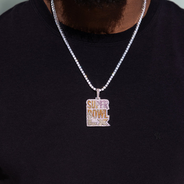 Iced 2026 Pink Ombre Stacked Super Bowl LX Official NFL Wordmark Pendant in White Gold