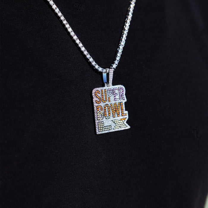 Iced 2026 Pink Ombre Stacked Super Bowl LX Official NFL Wordmark Pendant in White Gold