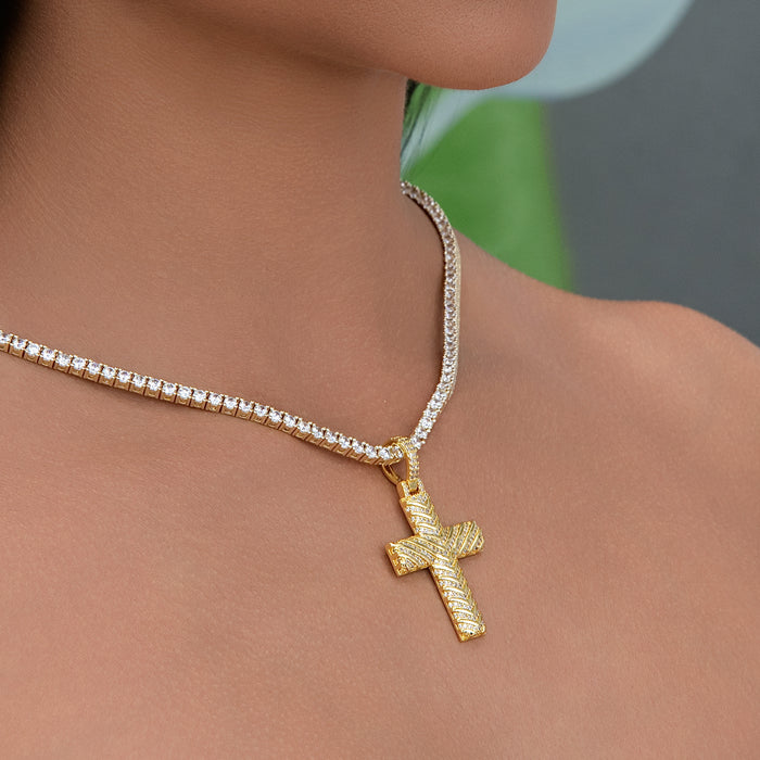 Iced Arrow Cross Pendant in Yellow Gold