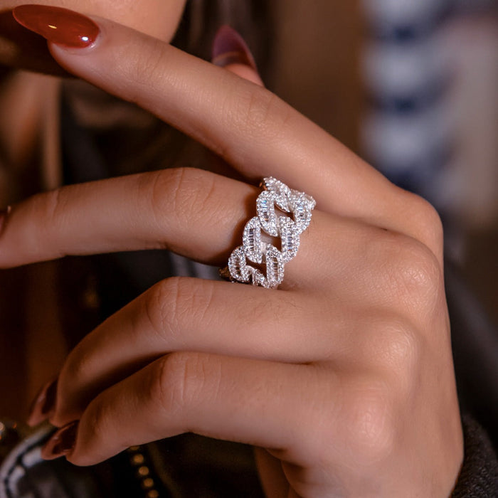 Iced Baguette Cuban Ring in White Gold Vermeil