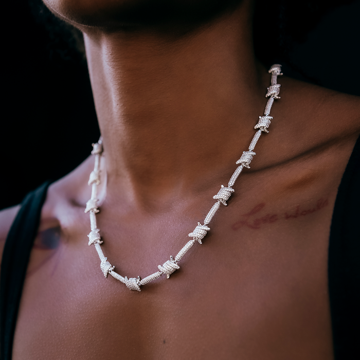 Iced Barbed Wire Necklace + Bracelet Bundle in White Gold