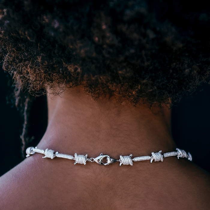 Iced Barbed Wire Necklace + Bracelet Bundle in White Gold