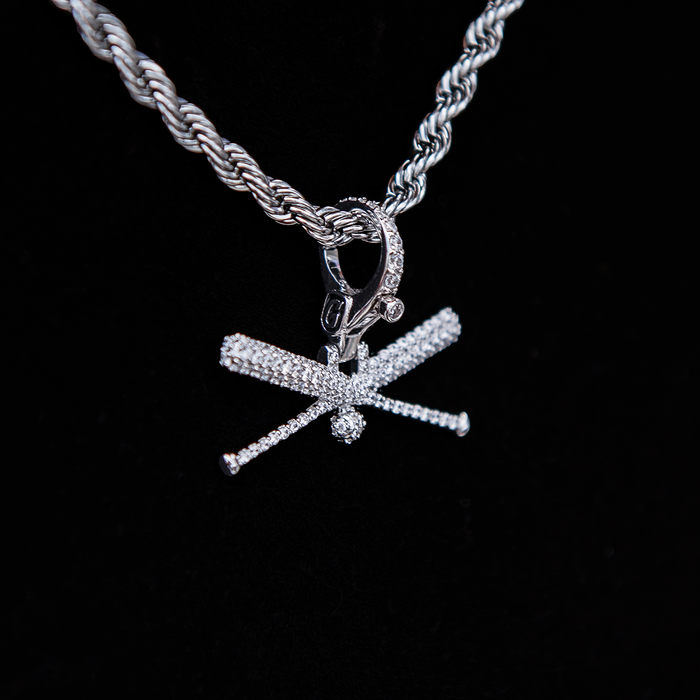 Iced Baseball Bat Clip On Pendant in White Gold