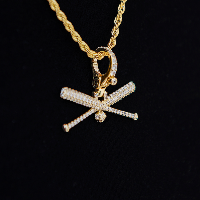 Iced Baseball Bat Clip On Pendant in Yellow Gold