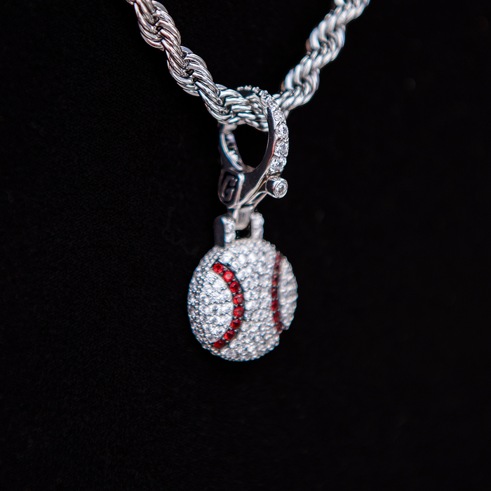 Iced Baseball Clip On Pendant in White Gold