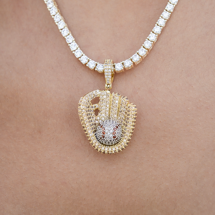 Iced Baseball Pendant in Yellow Gold
