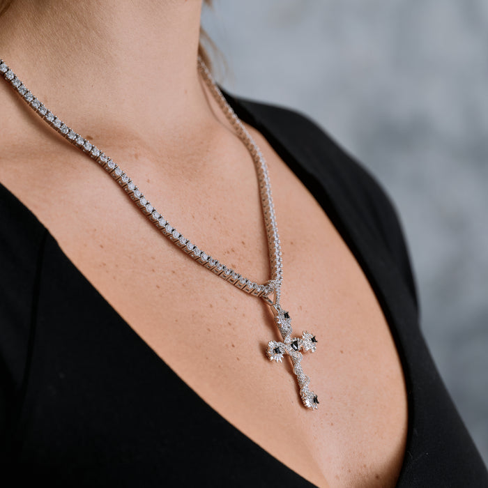 Iced Black Spike Cross Pendant in White Gold