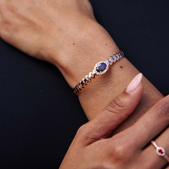 Iced Burgundy Oval Cuff Bracelet in Rose Gold - 3mm