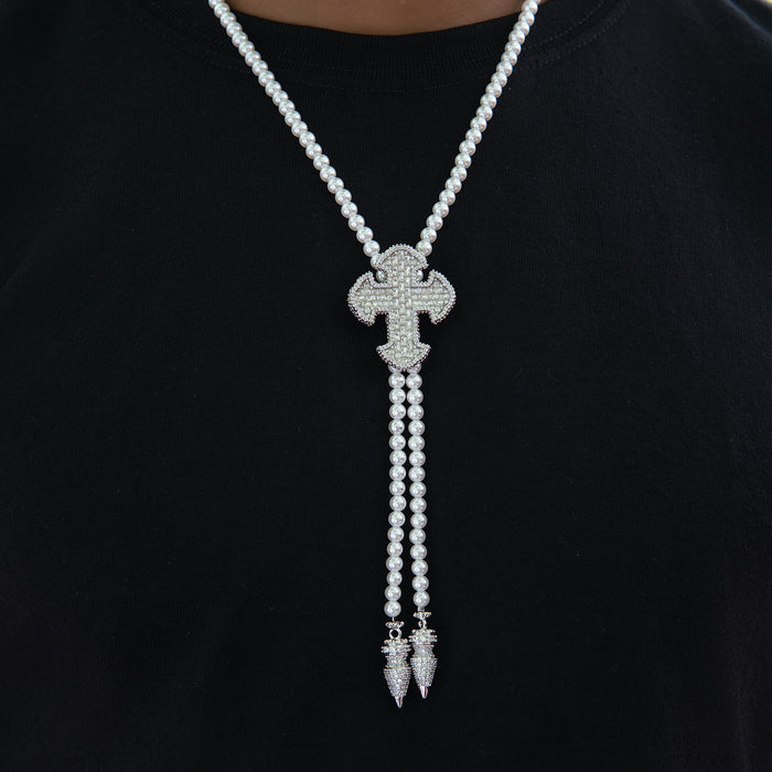 Iced Cross Pearl Bolo Chain in White Gold