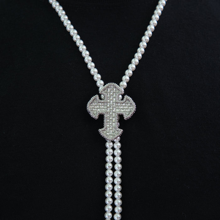 Iced Cross Pearl Bolo Chain in White Gold
