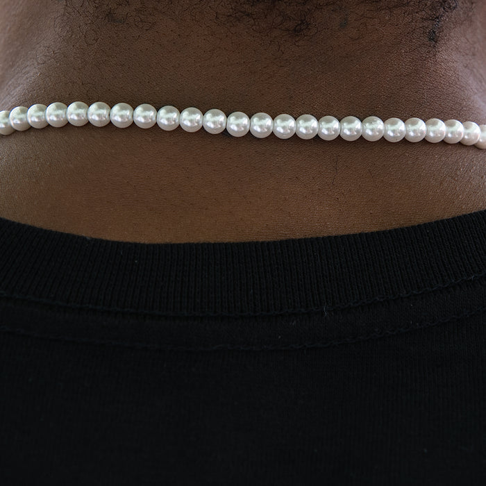 Iced Cross Pearl Bolo Chain in White Gold