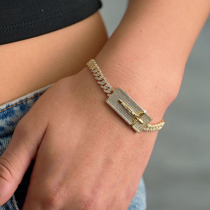 Iced Crucifix Cross Plate Bracelet in Yellow Gold