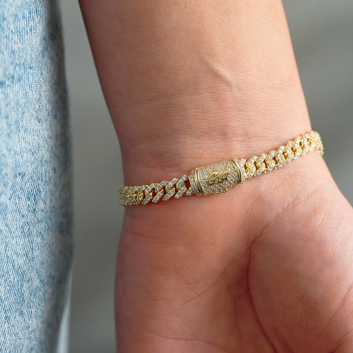 Iced Crucifix Cross Plate Bracelet in Yellow Gold
