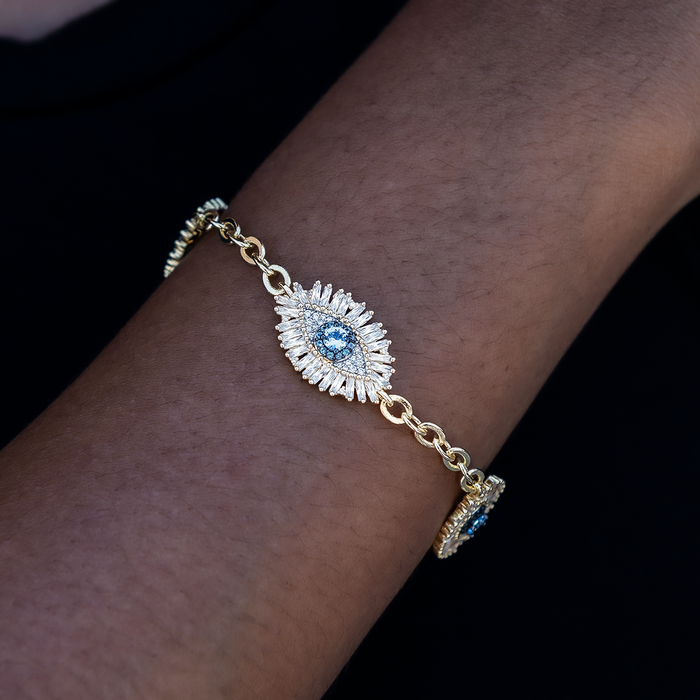 Iced Evil Eye Bracelet in Yellow Gold