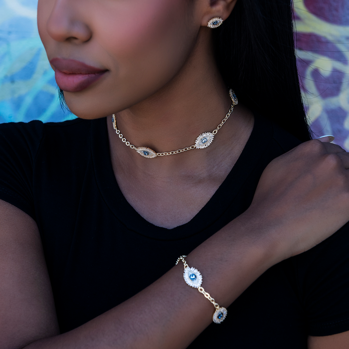 Iced Evil Eye Bracelet in Yellow Gold