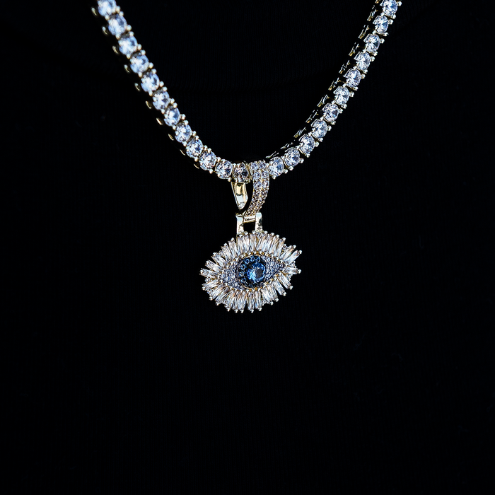 Iced Evil Eye Micro Pendant in Yellow Gold