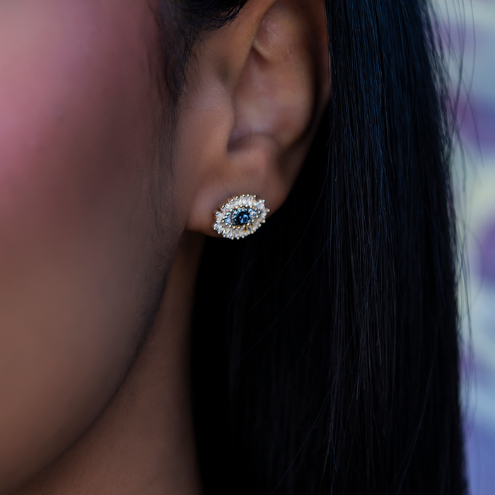 Iced Evil Eye Stud Earrings in Yellow Gold