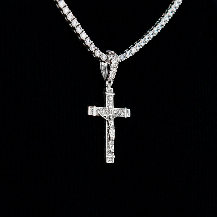 Iced Flat Crucifix Cross Pendant in White Gold