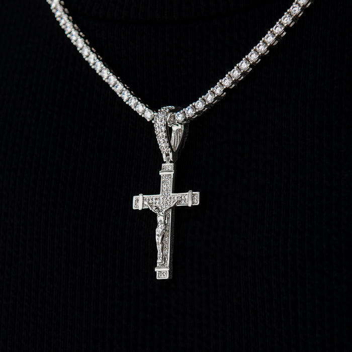 Iced Flat Crucifix Cross Pendant in White Gold