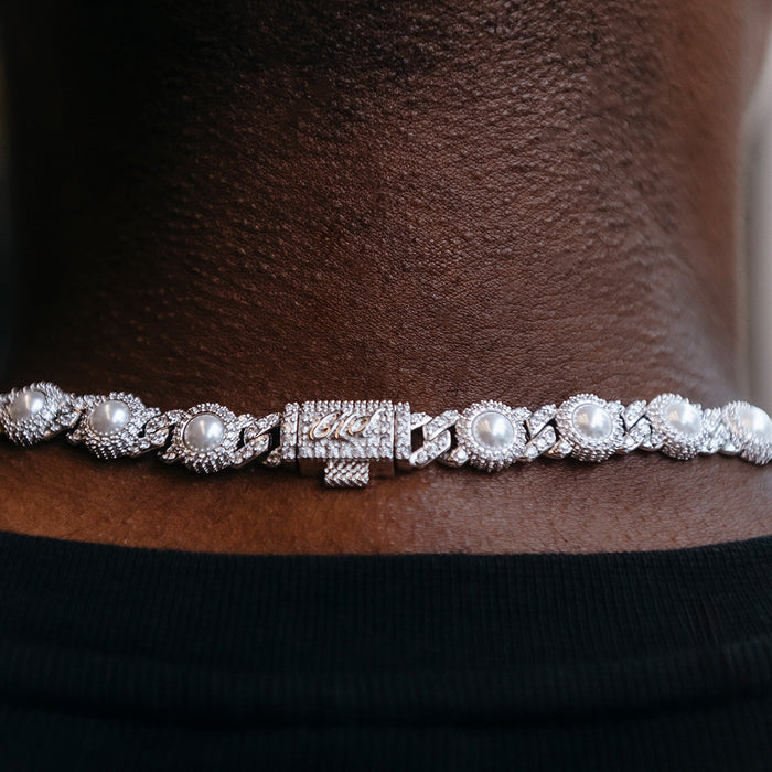 Iced Halo Cuban Chain + Bracelet with Pearls Bundle in White Gold