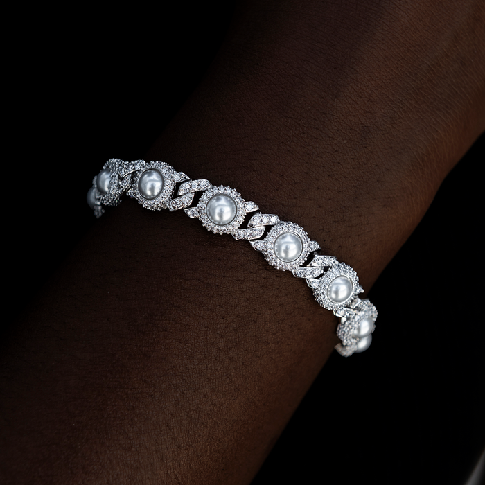 Iced Halo Cuban Necklace + Bracelet with Pearls Bundle in White Gold