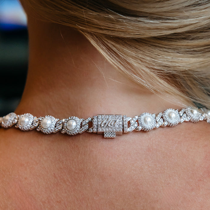 Iced Halo Cuban Necklace + Bracelet with Pearls Bundle in White Gold